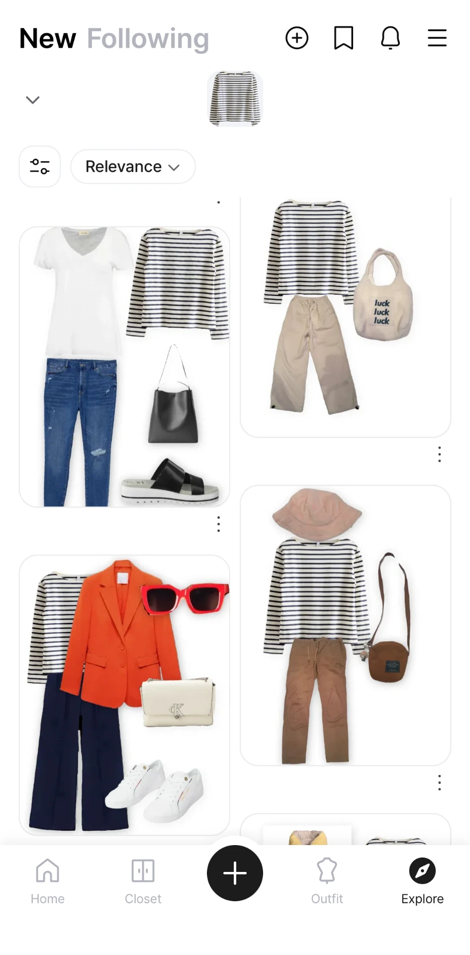 Acloset explore feed of outfit suggestions built around a striped top