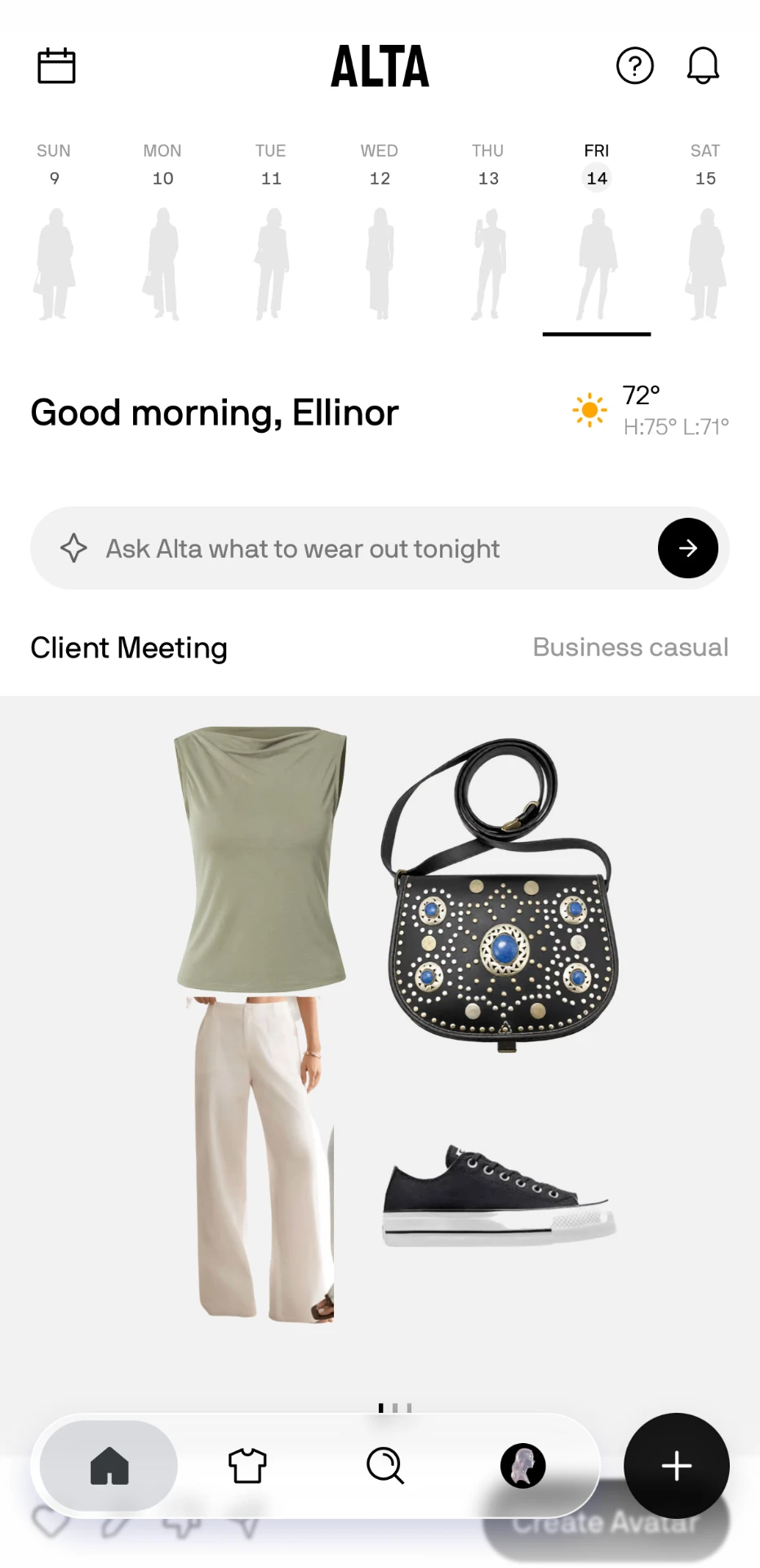 Alta home screen with a daily outfit suggestion and AI stylist prompt