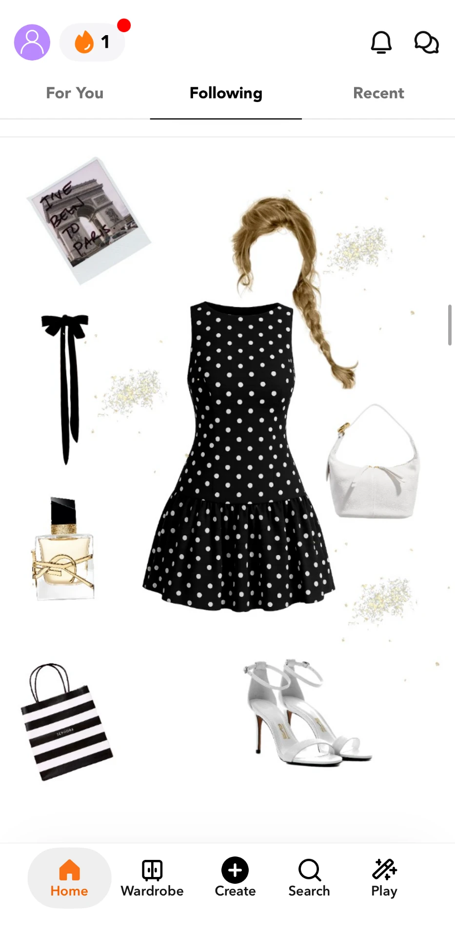 Combyne feed post: a polka dot dress styled with heels, bag and perfume