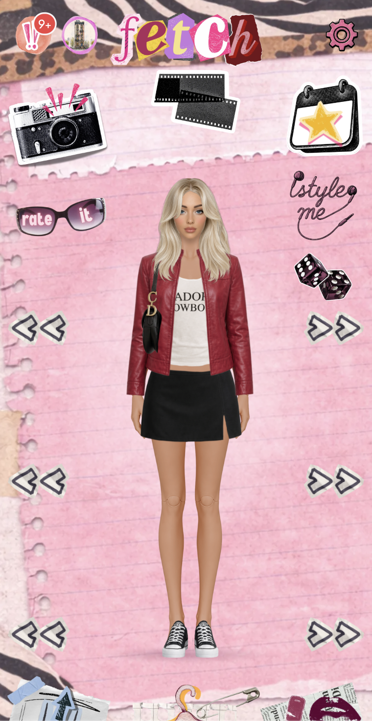 A Fetch paper doll wearing a red leather jacket, white top and black skirt