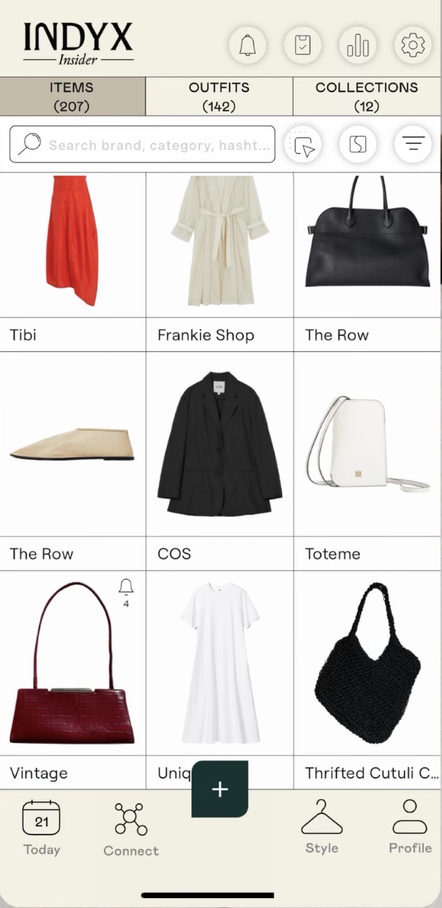 Indyx item grid showing catalogued clothes by brand