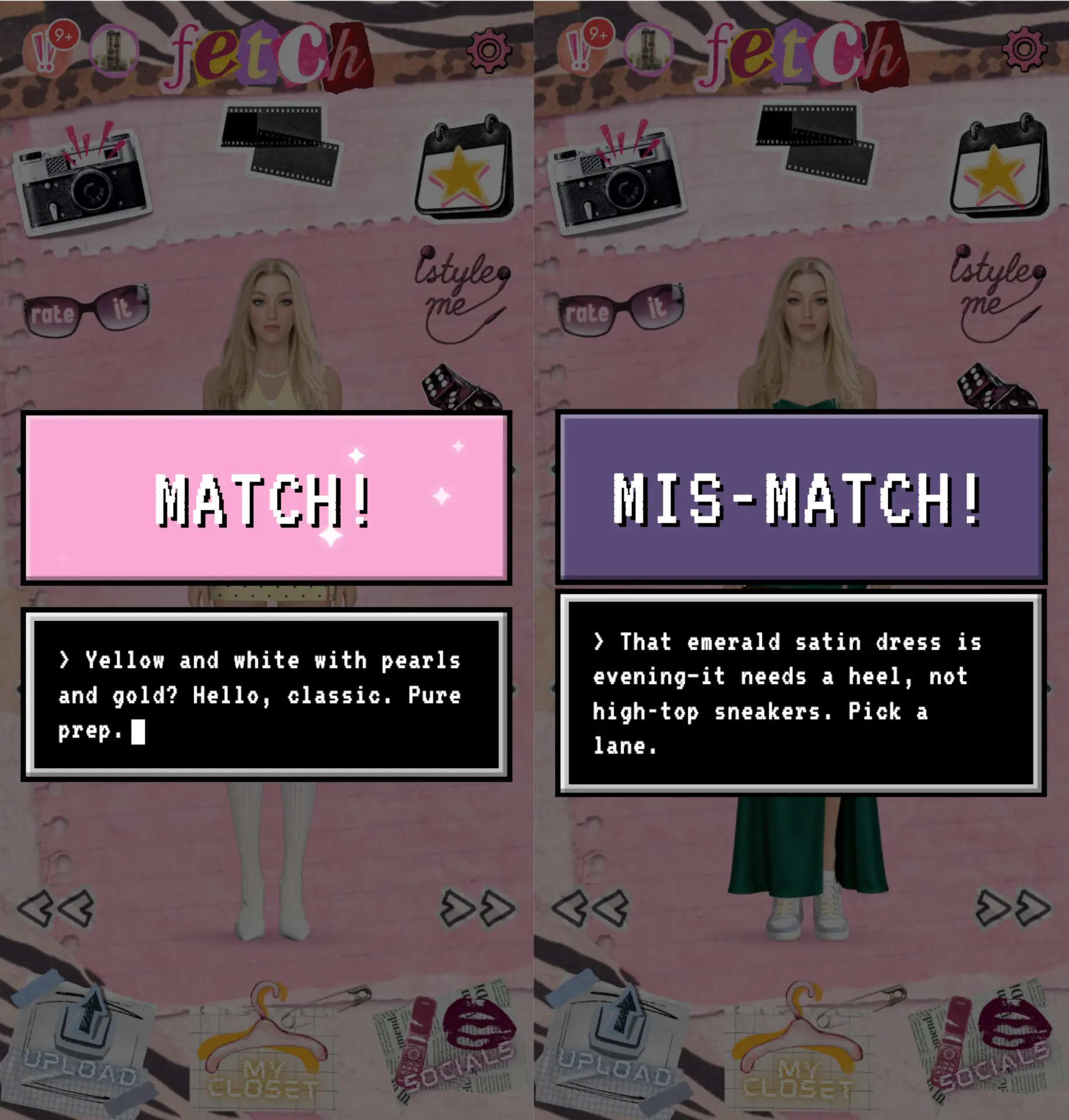Fetch rating outfits: match and mis-match verdicts side by side