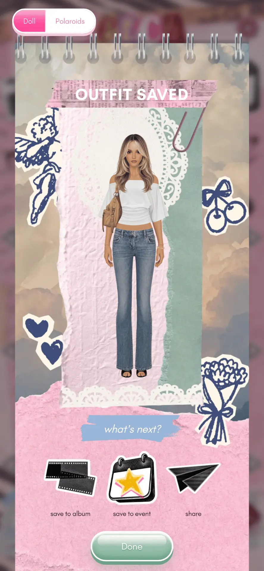 An outfit saved to a Fetch album, framed on collage paper