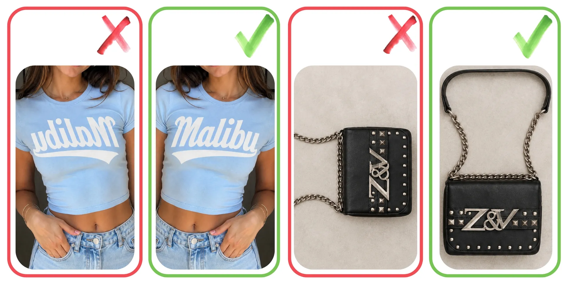 Cropping and mirroring examples: a mirrored Malibu tee and a sideways bag rejected, the corrected upright versions accepted