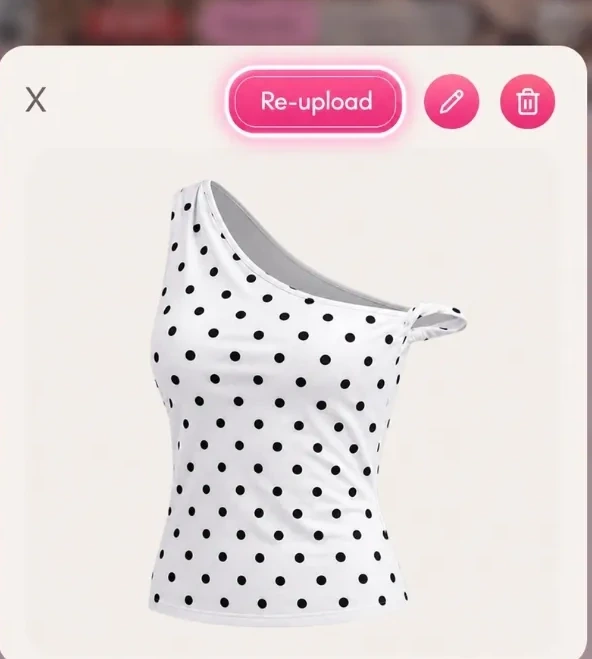 The Fetch item detail view with the Re-upload button above a rendered polka dot top