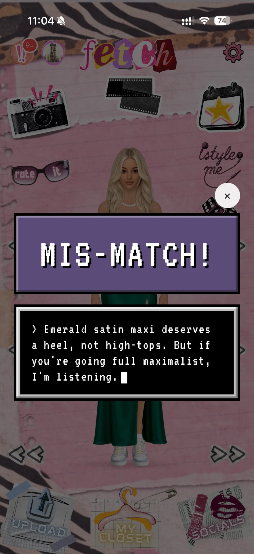 Fetch rating an outfit with a mis-match verdict