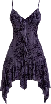 purple mini dress with details hanging down mini dress